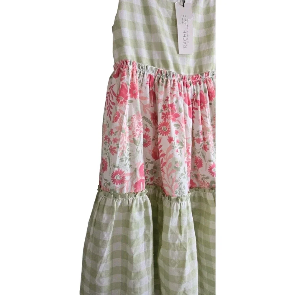 NWT RACHEL ZOE Girls Dress Floral Tiered Check Green Pink Shirred Back Size 7